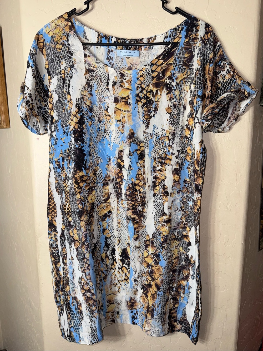 SHAN Canada 100% Silk Abstract Animal Print Semi Sheer Shift Dress Blue Brown